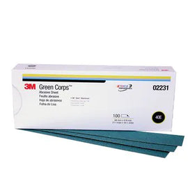 3M™ Green Corps™ Stikit™ Production™ Sheet, 02231, 2 3/4 in x 16 1/2 in, 40E, 100 sheets per box.