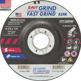 United Abrasives-SAIT 20060 A24N Fast Grinding Wheel 4 1/2" x 1/4" x 7/8" Type 27