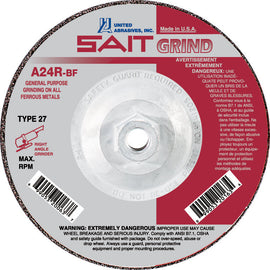 United Abrasives-SAIT 20086 A24R General Purpose/Long Life Grinding Wheel (Type 27/Depressed Center) 7" x 1/4" x 5/8-11",